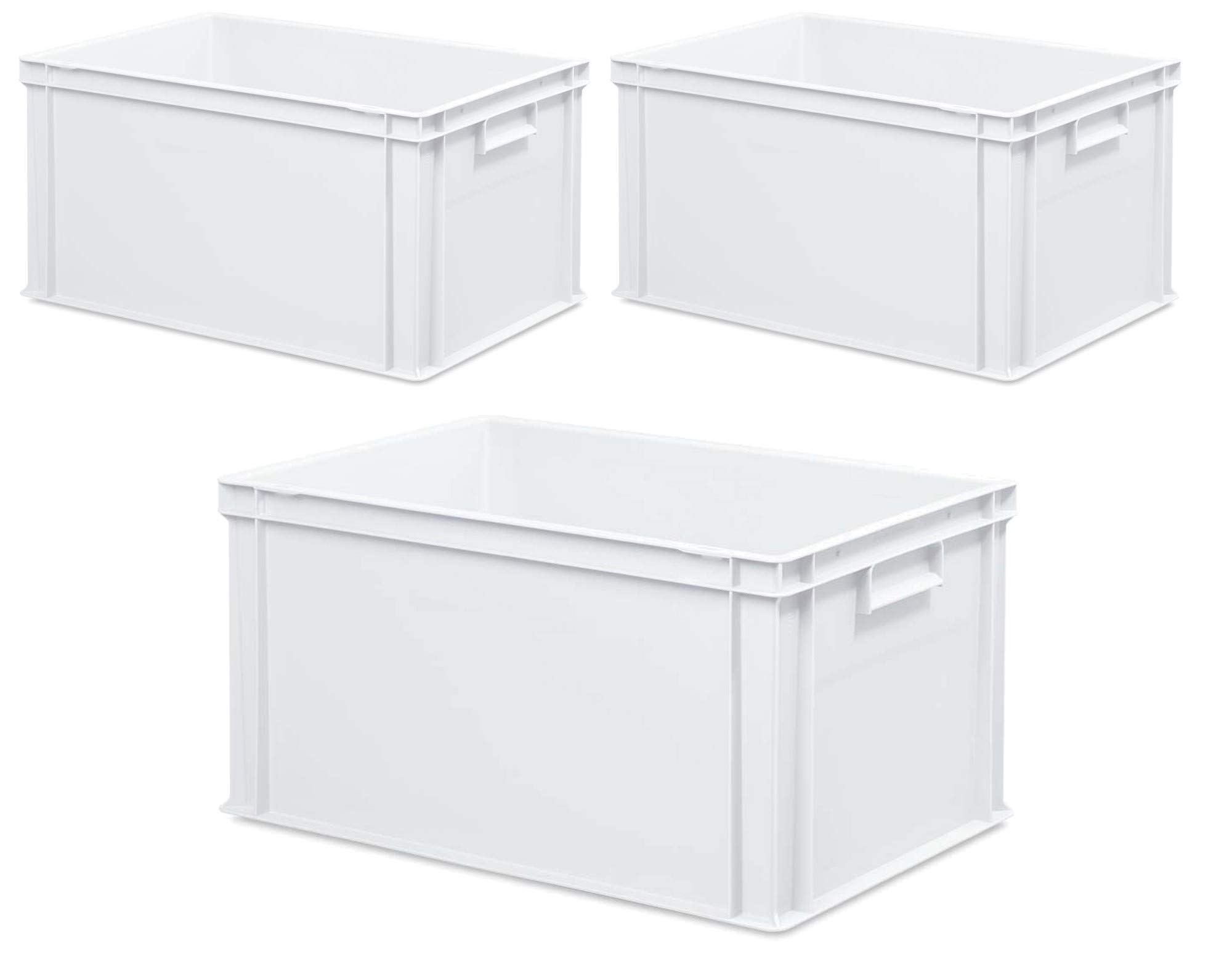 3 récipients empilables Euro boîte de rangement avec 2 poignées, 600 x 400 x 320 mm, blanc