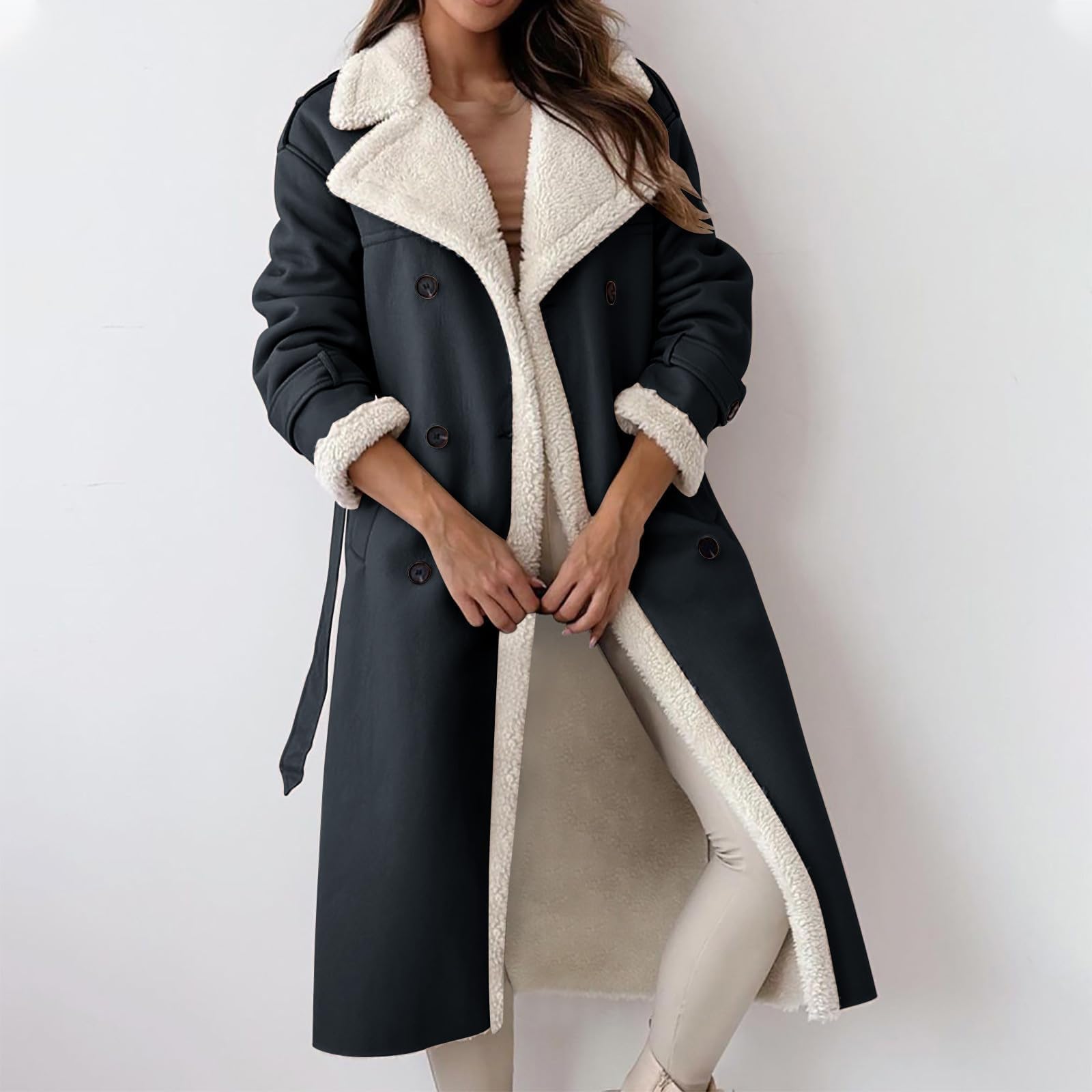 Ansenesna Lederjacke Damen Lang Gefüttert Winterjacke Damen Leder Warm Innenfutter Wintermantel Elegant Lederoptik Trenchcoat Mit Gürtel Zweireihig Mantel Frauen Winter Kunstleder Ledermantel