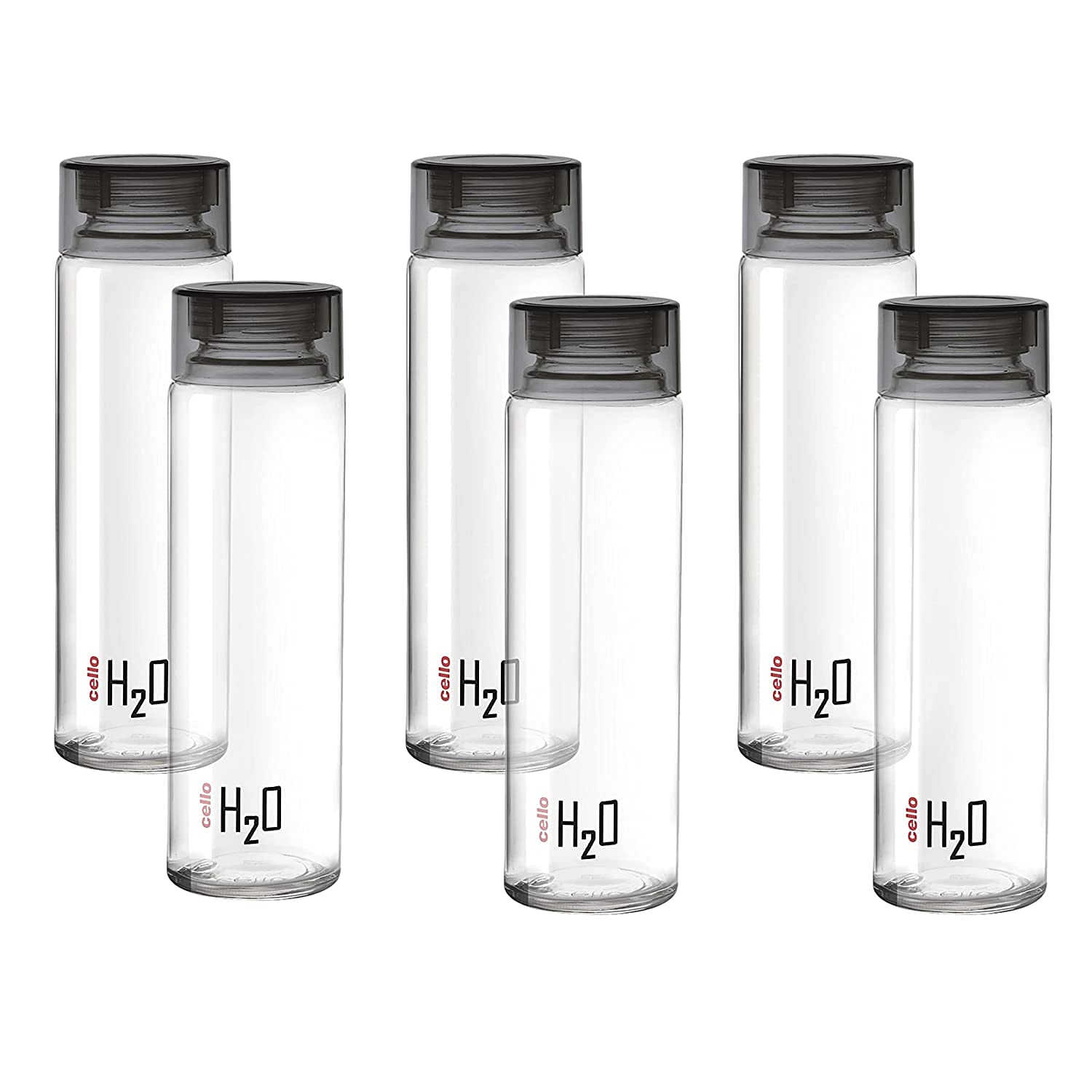 CELLO H2O Glass Water Bottle Set of 6 Pcs for Office & Daily Use 920 ml, Black | Durable Freezable & Fridge Safe, Leakproof Wide Mouth Leadfree Toughened Glass Water Bottle For Kitchen & Travel