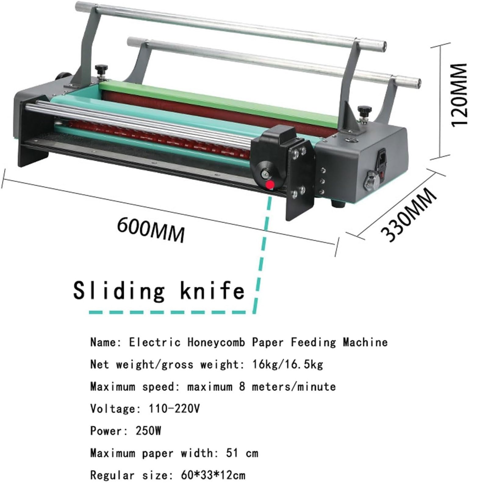 Distributore elettrico del rotolo di carta da imballaggio a nido d'ape, macchina 250W, velocità 8m/min, 2 modalità di funzionamento, coltello scorrevole, supporto della carta da imballaggio Kraft di