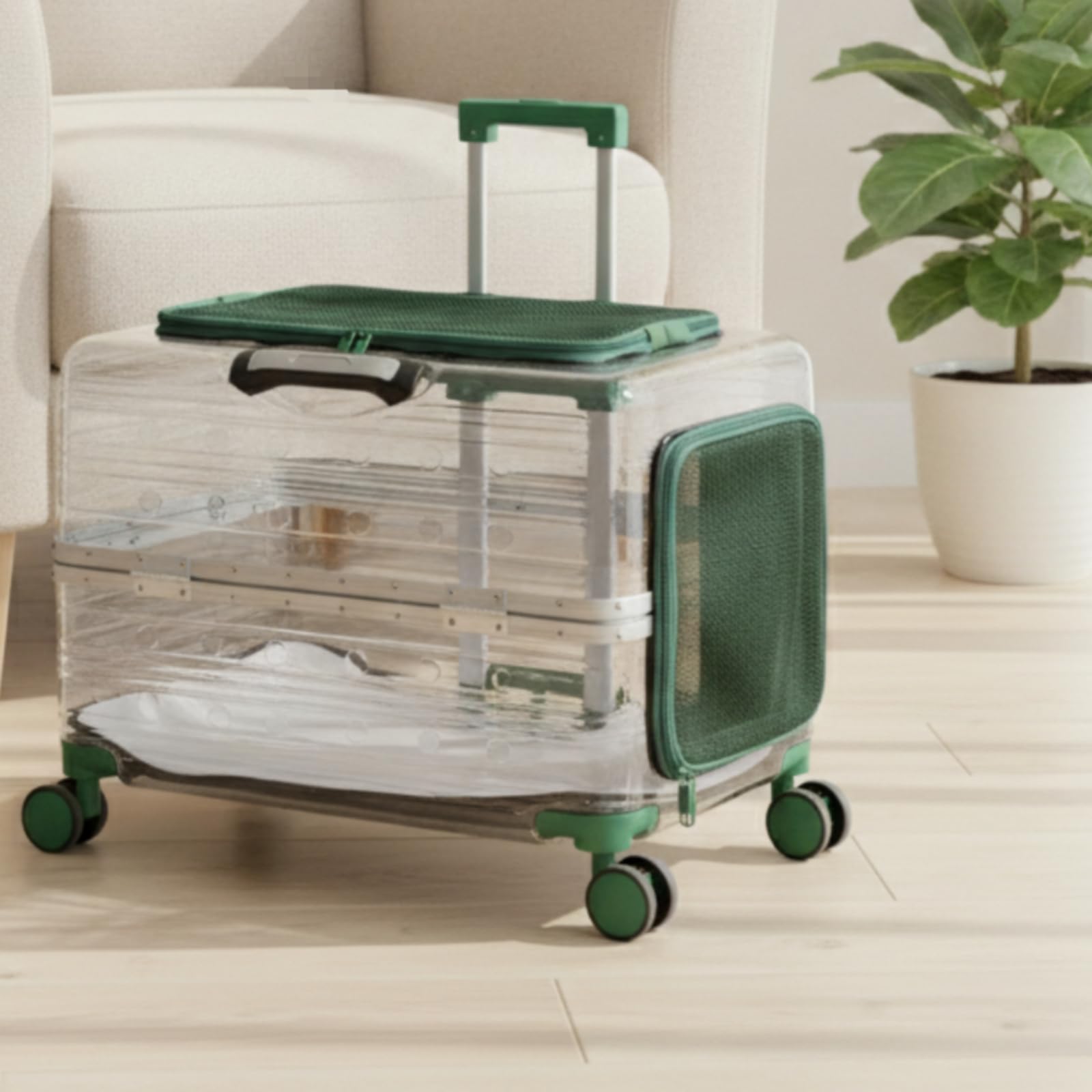 predolo Transportín Transparente con Ruedas Rígido Transportín con Ruedas Ventilado Maleta Transportadora para Perros Pequeños, Viajeros, Verde Transparente
