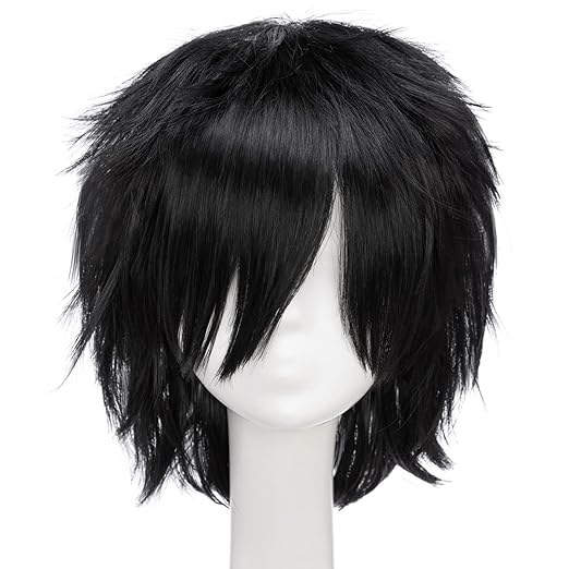 Unisex Women Mens Male Short Black Fluffy Straight Hair Wigs Anime Cosplay Party Dress Costume Synthetic Wig