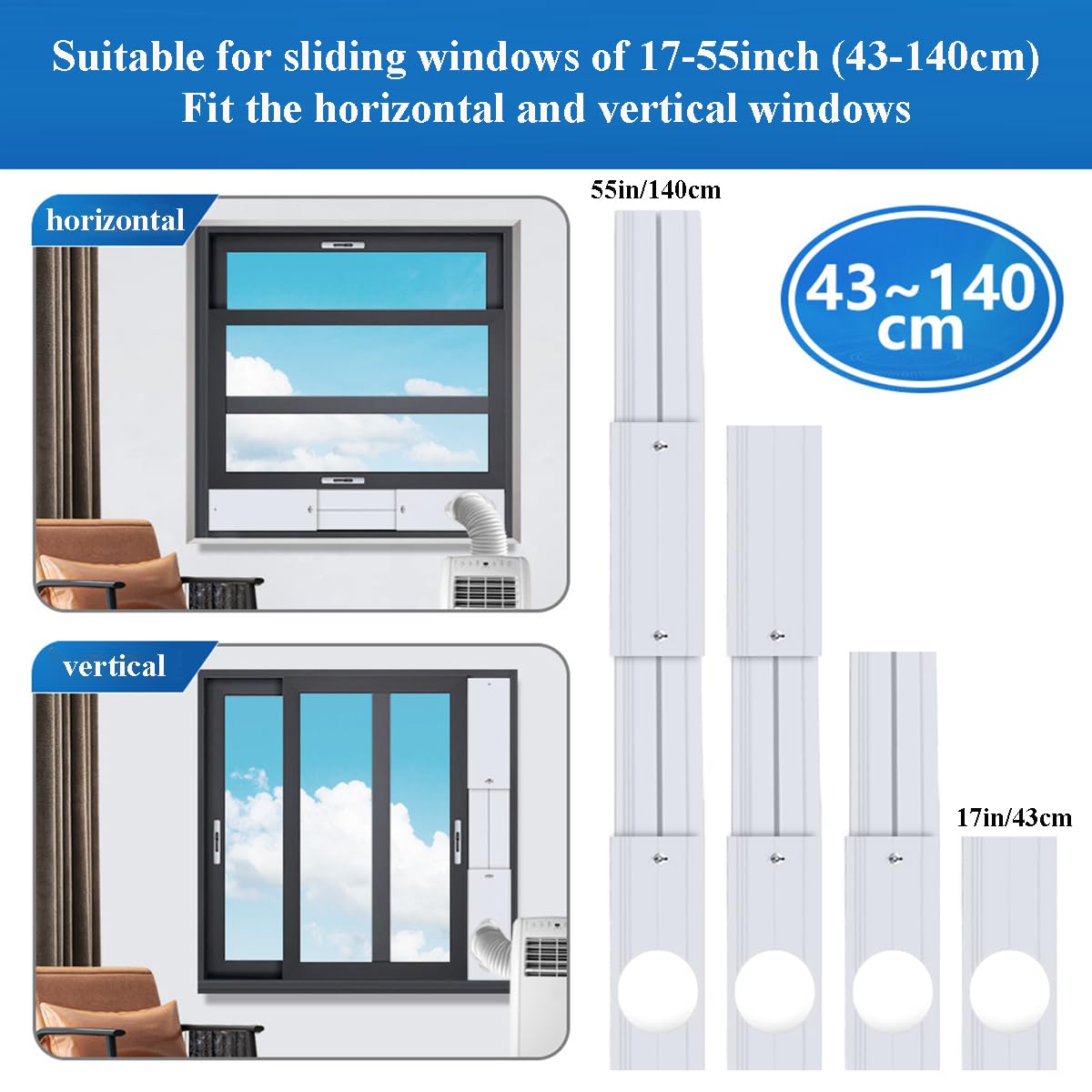 Tragbare Klimaanlage Fenster Lüftungs-Kit, Klimaanlage Fenster Dichtung für 13/15cm(5/5.9In) Durchmesser Klimaanlage Auspuffschlauch, Tragbare AC Fenster Kit justierbare Länge 43-140cm(17-55in)