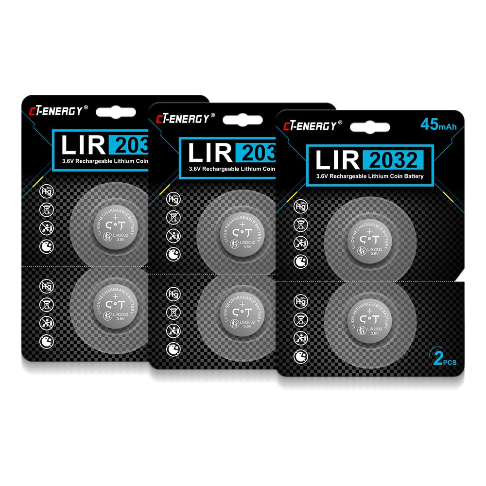 LIR2032 Rechargeable Batteries 6 Pack for Airtag 3.6V Rechargeable 2032 Button Battery for Car Remote Key Replace 3V CR2032 ML2032