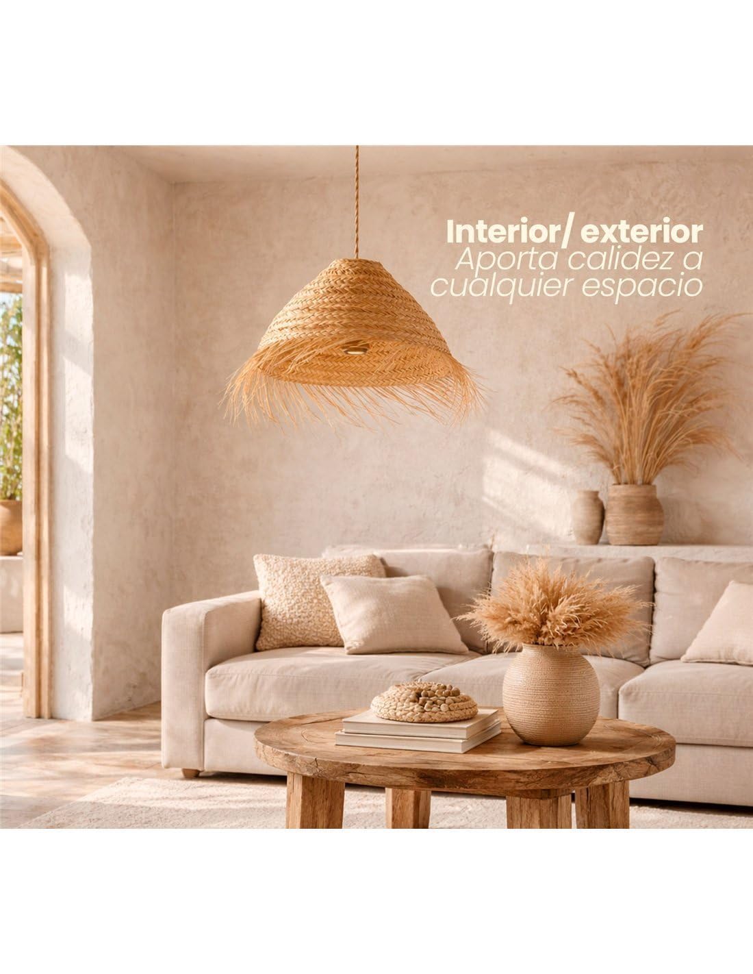 JARDIN202 - Pantalla para Lámpara de Esparto con Flecos | Diseño Menorca Artesanal | Iluminación Boho | Lampara de Techo Artesanal | (Grande)
