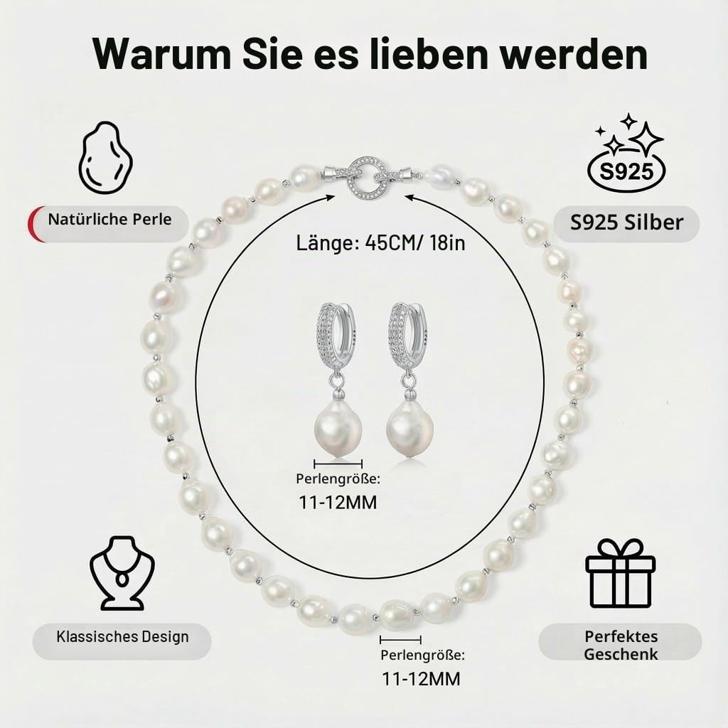 YAMI Barock Perlenkette und Barock Ohrringe Set – 10-11mm Edison Barockperlen Schmuck aus natürlichen Süßwasserperlen für Damen, mit einzigartiger Oberflächentextur – Ideal als Geschenk