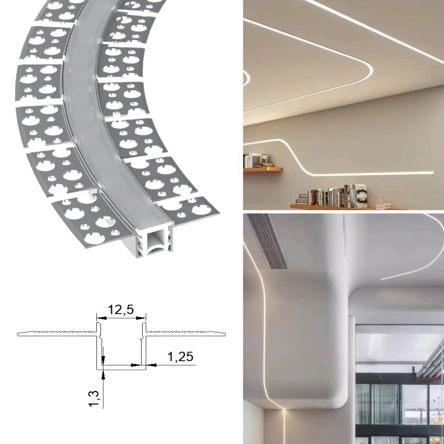 Evotrade – Profil LED Flexible en Aluminium pour Cloison Sèche Encastrable Longueur 2 Mètres + Couvercle Lumière Continue - pour Bandes LED Max 12,5mm - pour Intérieur (Profil Flex + couvercle)