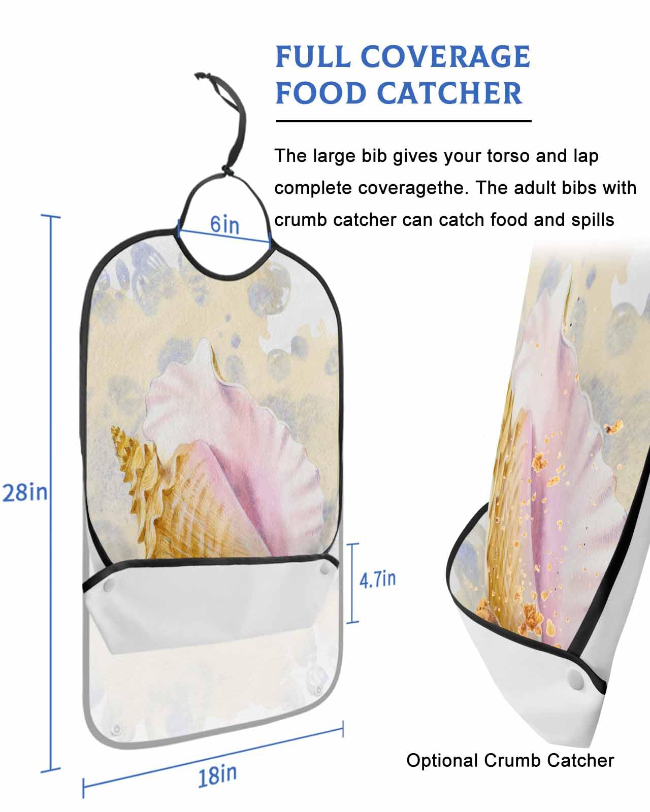 LEOKOTI Coastal Conch Adult Bibs for Eating, Waterproof Bibs with Food Catcher & Adjustable Snap Closure, Watercolor Ocean Nautical Summer Beach Washable Clothing Protectors Adult Bibs for Elderly
