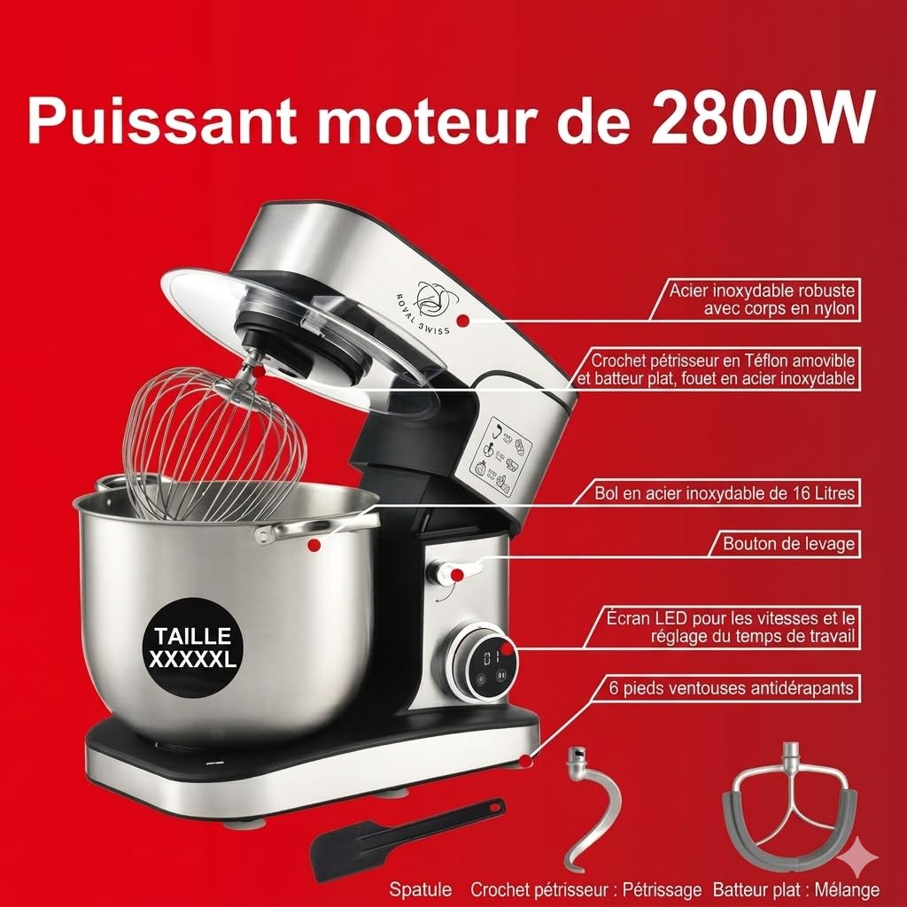 Royal Swiss ® Robot Pâtissier Professionnel 16L XXXXL 2800W, grande capacite - 12 Vitesses + Timer, Bol Inox, Ultra Puissant Pain, Pizza & Pâtisserie, patissier, Usage Intensi, Bol Inox Pâtissier