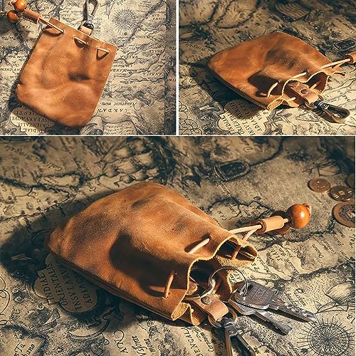 1Pcs Leather Vintage Drawstring Coin Purse,Retro Nordic Portable Coin Purse Medieval Belt Pouch Mini Pouch Coin Organizer Drawstring Small Hanging Bag Key Bag for Men and Women (Brown)3