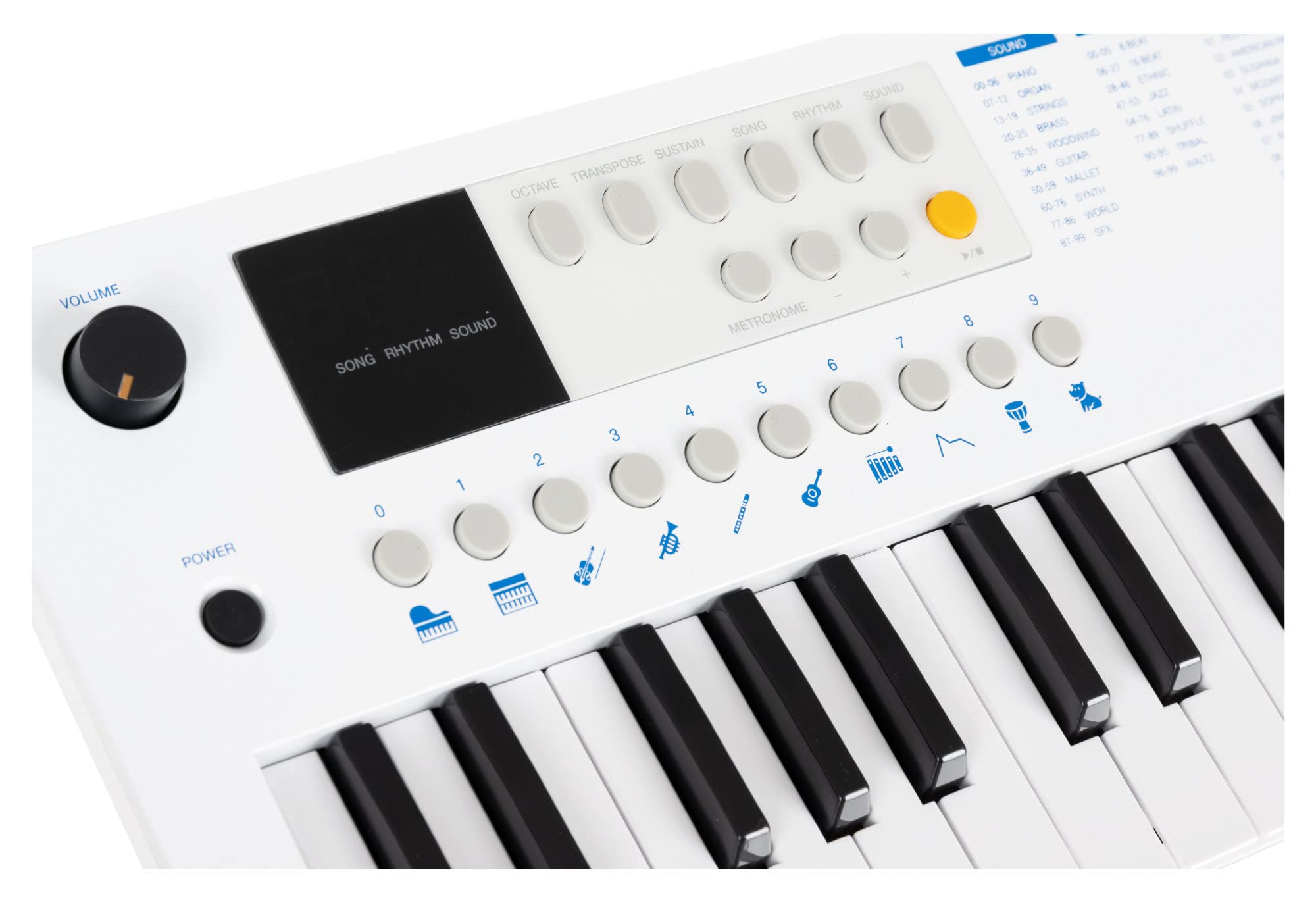 Classic Cantabile MINI-37 Keyboard - 37 Mini-Tasten - Stromversorgung über USB-C oder Batterien - 100 Sounds und Rhythmen - USB-MIDI - Lautsprecher und Kopfhörerausgang - weiß-blau
