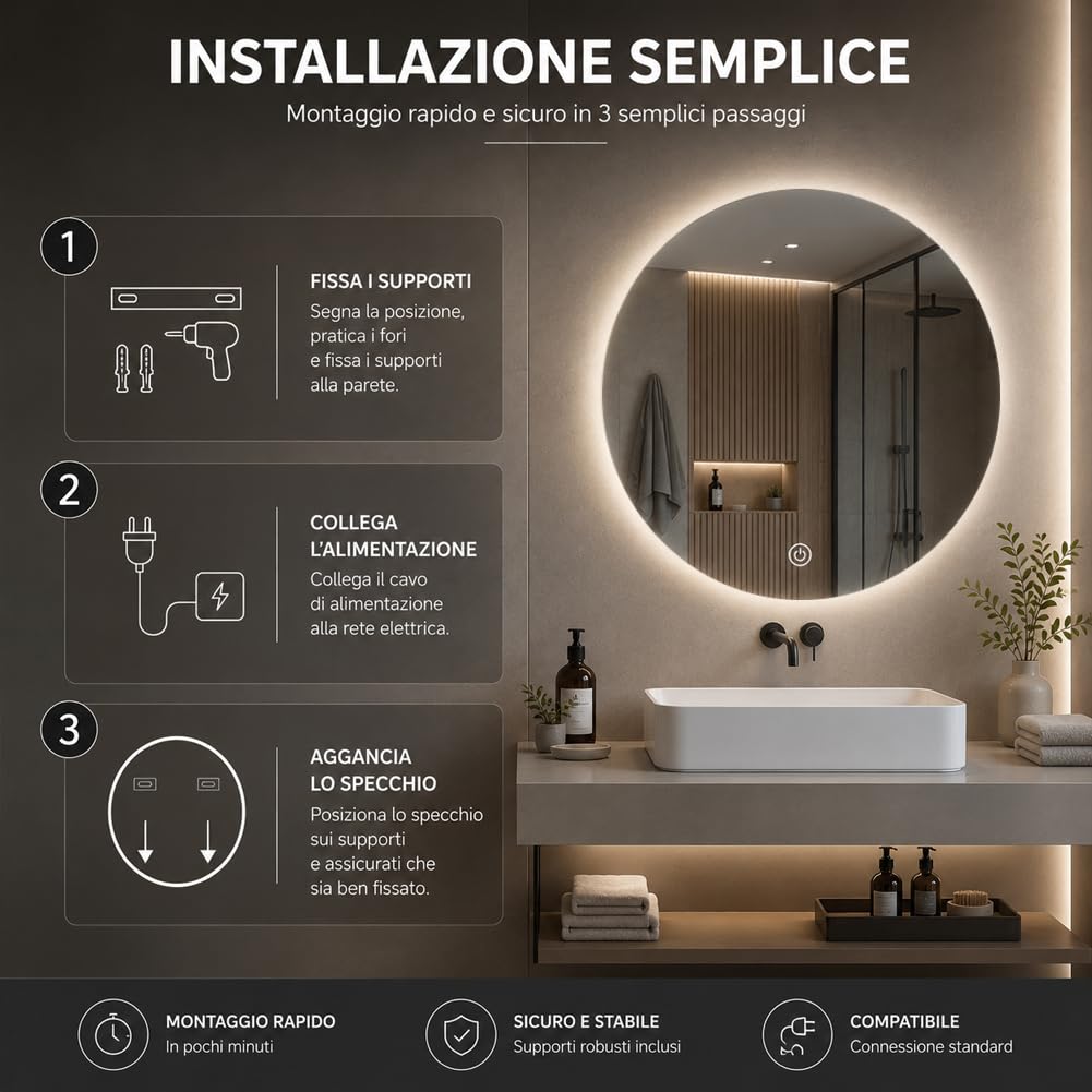 Shally Dogan Specchio Rotondo da Parete con Led Dimmerabile a 3 Colori, Bianco Freddo, Caldo e Naturale, Accensione con Touch, Decorazione da Muro Design Moderno e Salvaspazio, Diametro 60 cm