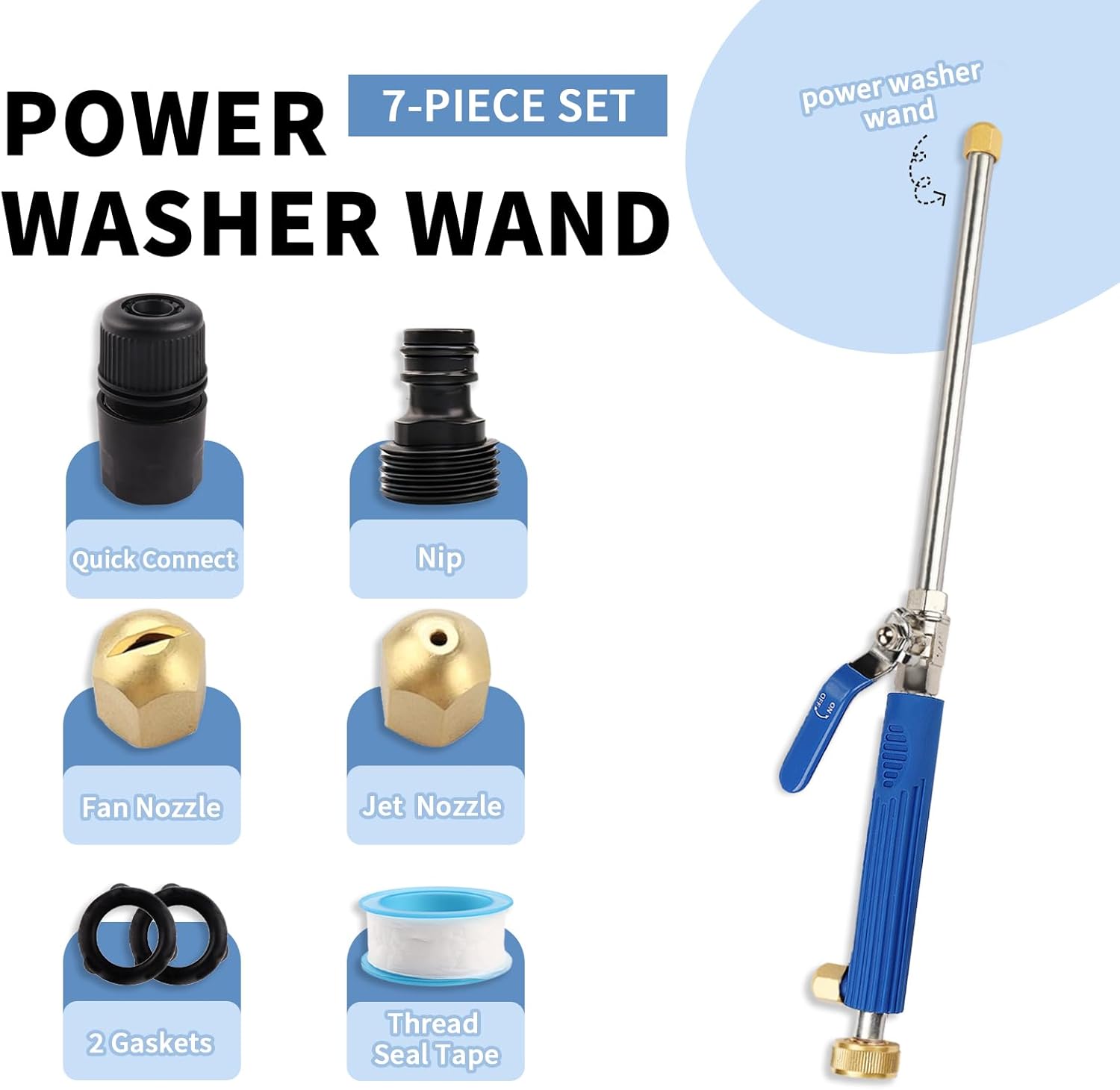High Pressure Jet Hose Nozzle Attachment Wand，Power Washer Hydro Nozzle Attachment,Wand Lance for Gutter Patio Car Pet Window Glass Blue