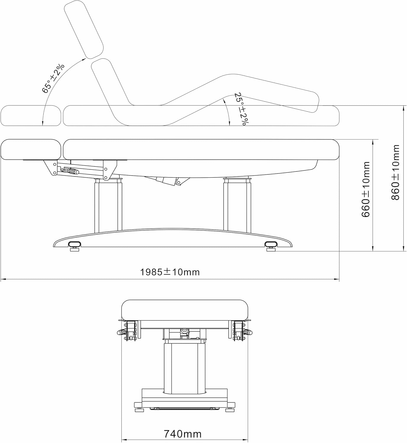 Technical drawing of HABYS Gemini Flex Electric Massage Table with detailed dimensions and angles