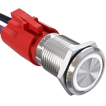 APIELE 10 Amp 16mm Latching Push Button Switch 12V Angel Eye LED Waterproof Round Self-Locking 1NO Silver Stainless Steel, White