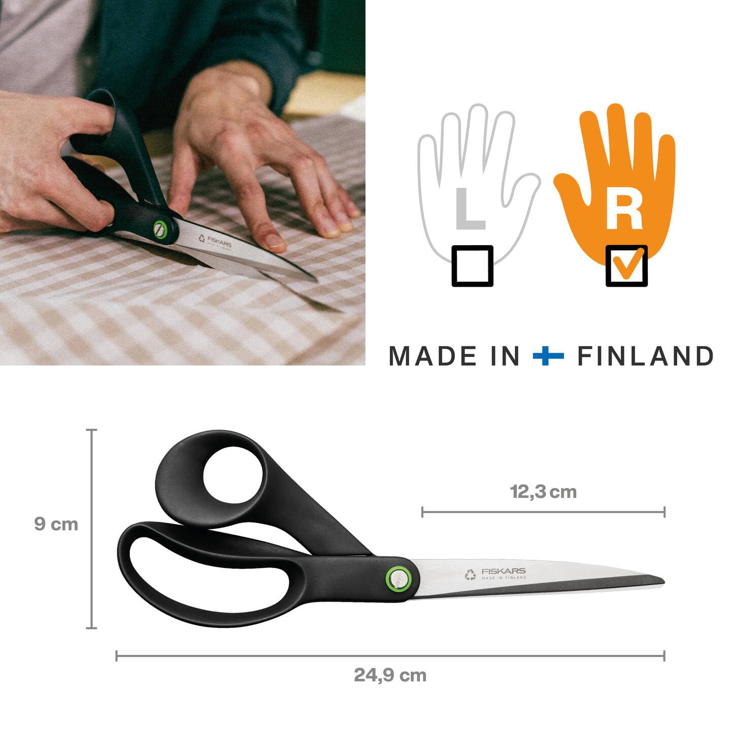 Fiskars ReNew universal scissors, length: 24.9 cm, recycled stainless steel/recycled plastic, functional shape, black, 1074546 - Image 2