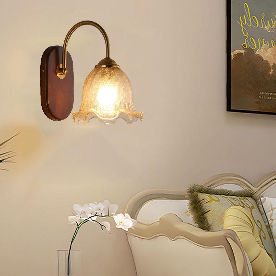 Applique da parete moderna per camera da letto, paralume a forma di fiore, base in legno rustico, lampada a collo d'oca E27, luci in stile nordico industriale per soggiorno, comodino, veranda, ingres