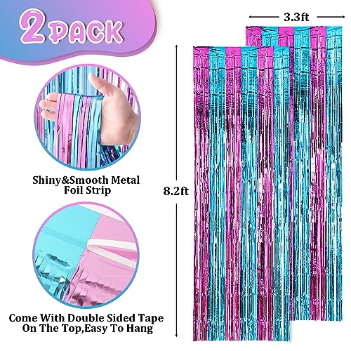 Image of Voircoloria 2 Pack 3.3x8.2 Feet Blue and Pink Foil Fringe Backdrop Curtains, Tinsel Streamers Birthday Party Decorations, Fringe Backdrop for Graduation, Baby Shower, Gender Reveal, Disco Party