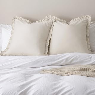 PHF Washed Cotton Euro Shams with Ruffle 26"x26", Linen, 2 Pack, No Insert