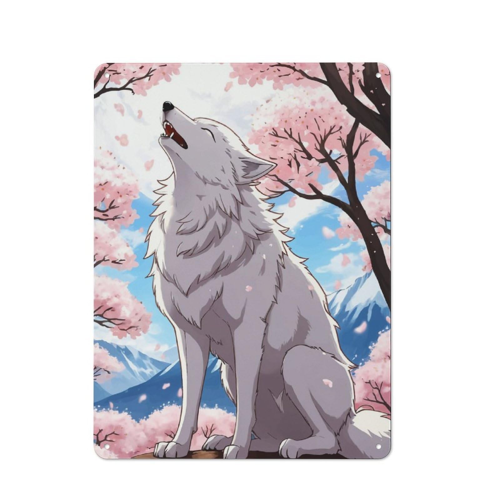 Junmoney White Wolf In Cherry Blossoms Rustic Tin Sign 40X30cm Featuring For Bar Or Restaurant, A Housewarming Gift For Bar Decor Enthusiasts