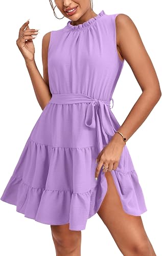 Umenlele Women's Ruffle Casual Mini Dress Light Purple Mediu