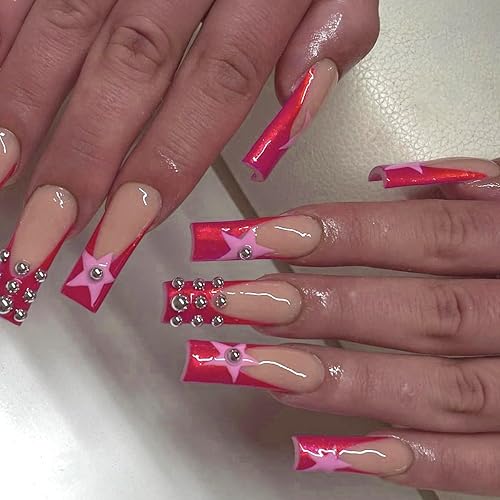 Uñas postizas a presión en forma de ataúd con punta francesa, cuadradas, largas, con diamantes de imitación, uñas acrílicas de punta rosa con cinco disponible en Yaxa Peru