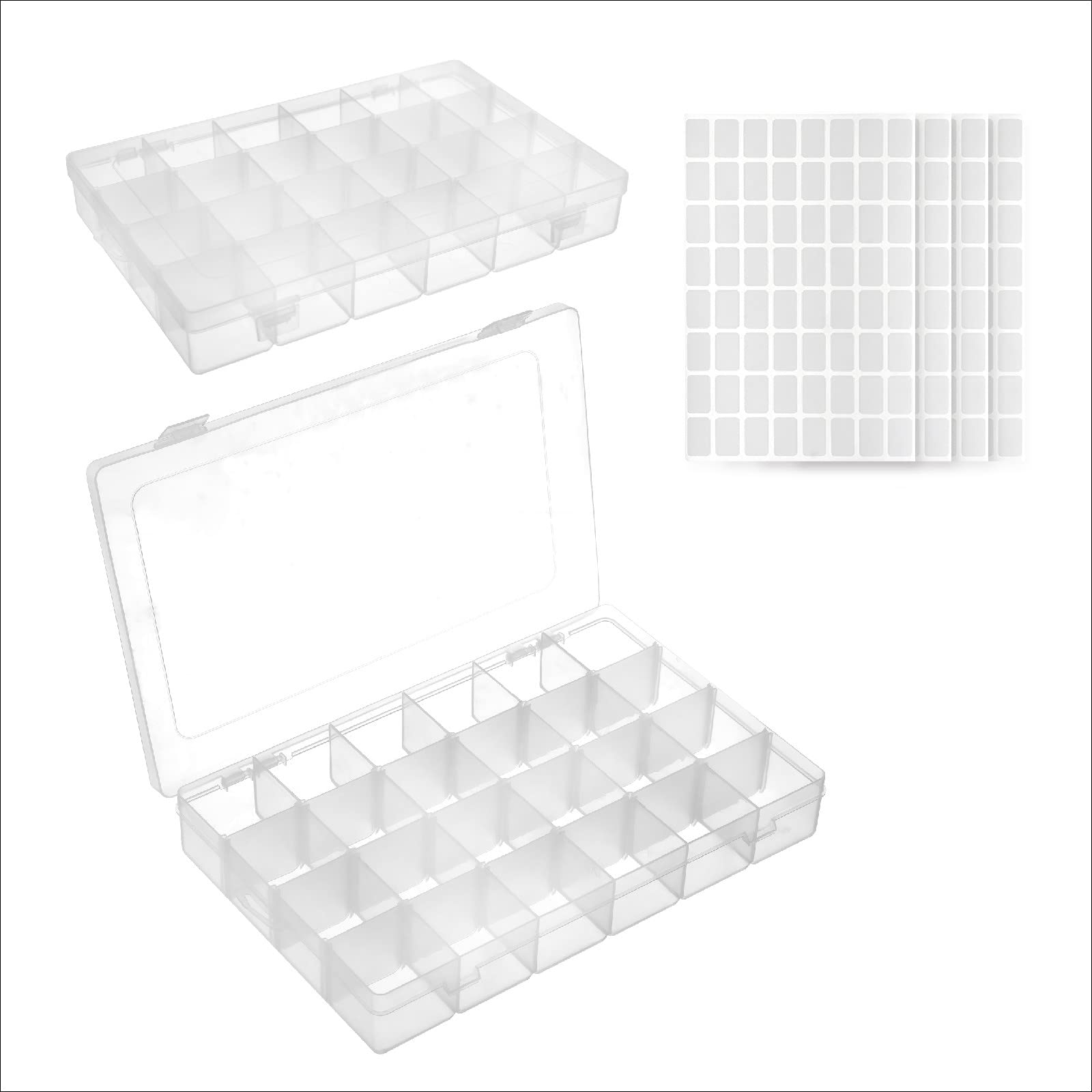 2 Pack Plastic Diamond Painting Storage 24 Grids Adjustable Compartment Small Storage Boxes with 4 PCS Color Chip