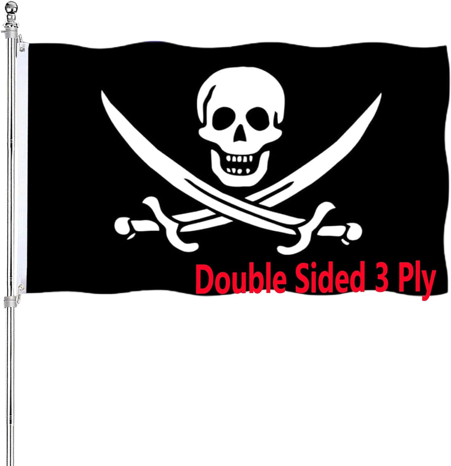 Embroidery Jolly Roger Flag 3x5 Pirate Flags Double Sided Outdoor Heavy Duty with Durable Canvas Header and ​2 Brass Grommets Vivid Colors