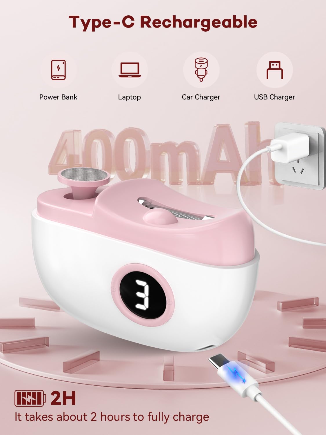 Cortauñas Eléctrico,2026 Nuevo Cortauñas y Pulidor Automático 3 en 1, 3 Velocidades Ajustables, Lluminación LED, Compartimento para Guardar las Uñas, Apto para Personas Mayores, Adultos y Niños (Rosa)
