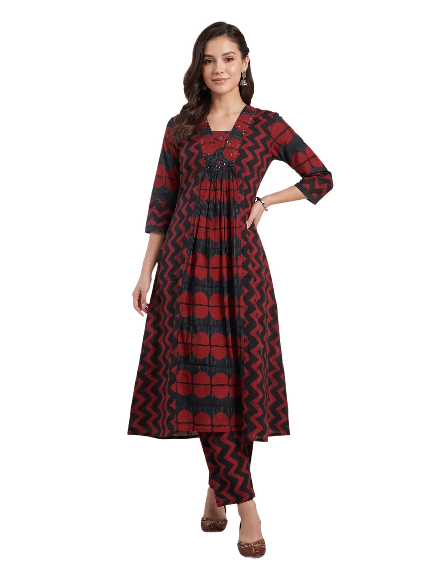 indo era Women's Pure Cotton Chevron Printed Thread Work A-Line Kurta & Pant Set | Cord Set For Women Cotton-picture-48