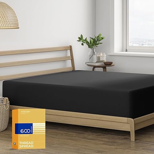 Sábana bajera ajustable de 600 hilos 100% algodón egipcio, sábana bajera de tamaño Queen color negro, sábana larga de algodón natural peinado,