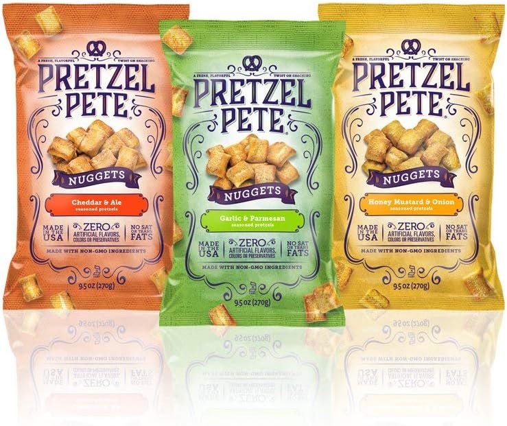 Pretzel Pete Variety (Cheddar & Ale, Garlic & Parmesan, Honey Mustard & Onion) Seasoned Pretzel Nuggets, Non-GMO, Small Batch, Bold Flavor 9.5oz (3 Pack)