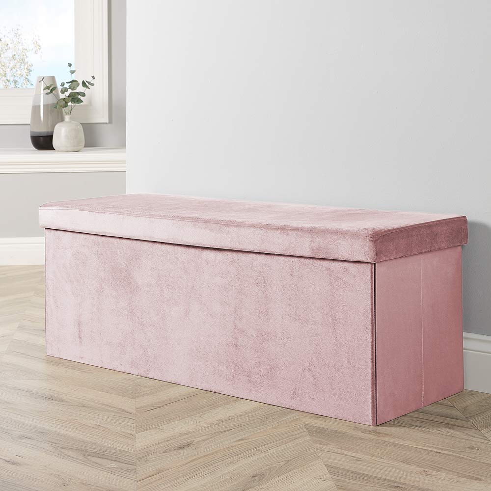 Home Source Extra Large Folding Ottoman Velvet Fabric Storage Chest, Pink Blush, 100cm