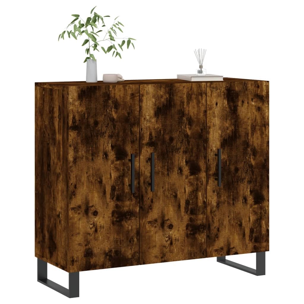 Générique Nowoczesny bufet wędzony dąb 90x34x80 cm, Meble do salonu z drewna konstrukcyjnego z metalowymi nogami, duża przestrzeń do przechowywania i praktyczne drzwi