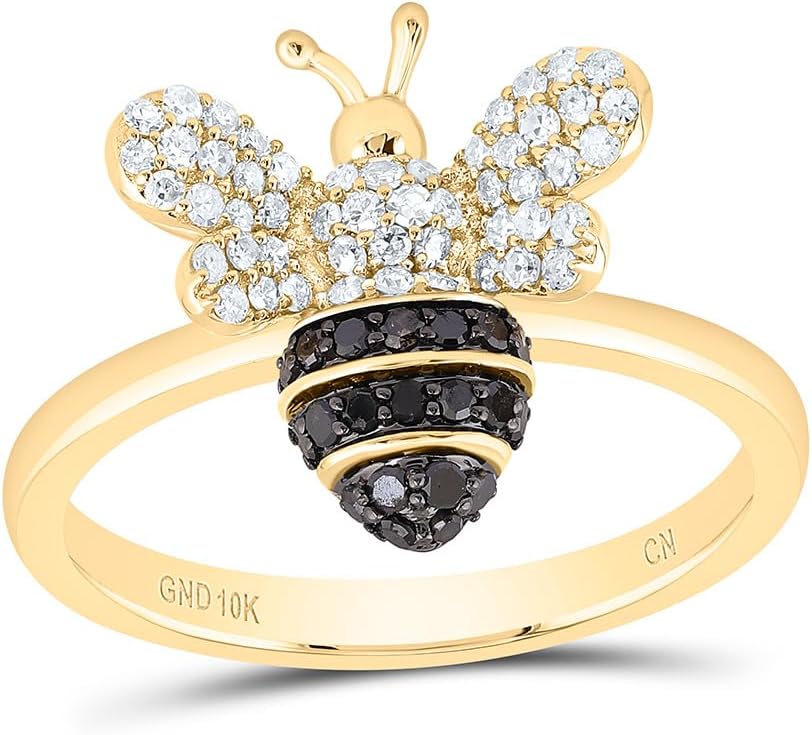 10K Yellow Gold 3/8 CTW Womens Diamond Round Black Honey Bee Ring