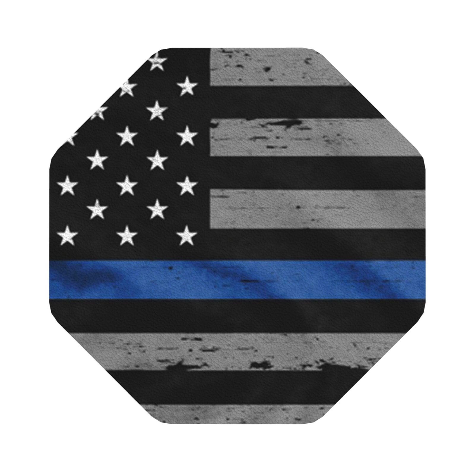 American Thin Blue Line Flag PU Leather Coasters Set of 6 Octagon Drink Coasters