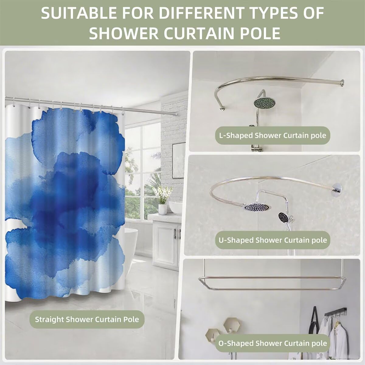 Blau Duschvorhang 240x200, Duschrollo mit 12 Duschvorhang Haken, Blühen Shower Curtains Beschwerter Saum, Waschbar Polyester Stoff Wasserdicht Extra Lang für Badewanne Badezimmer Deko, Geschenke -5117