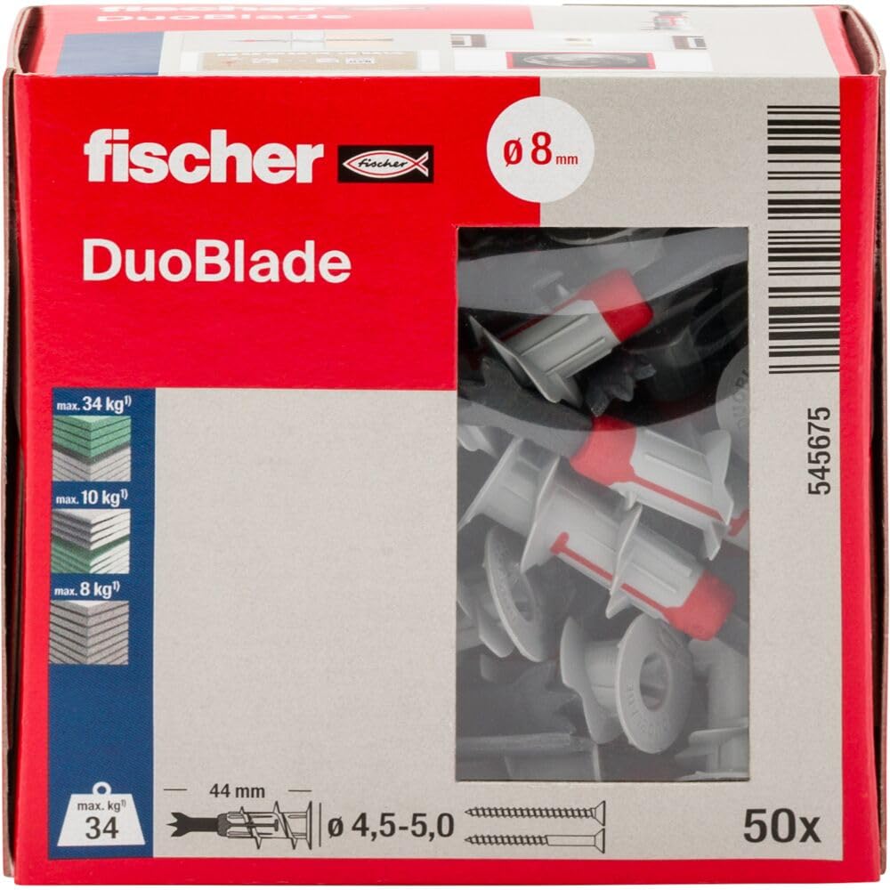 fischer DuoBlade, samowiercące kołki do płyt gipsowo-kartonowych, mocne kołki do łatwego montażu w płytach gipsowo-kartonowych i gipsowych, z metalową końcówką centrującą, 50 sztuk