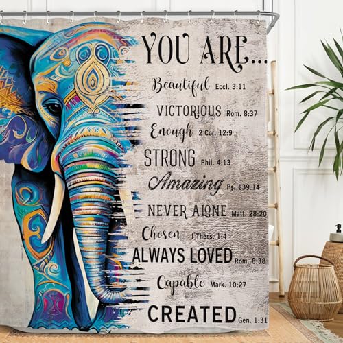 Miyotaa MIY-AZ9E-VKOP Elephant Indian Quotes Shower Curtain Set 60Wx71H Inches Bohemian Inspirational Motivational Positive Bible Ethnic Waterproof Bathroom Curtain cover