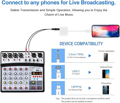 Miniatura 7 de BOMGE Mezclador de sonido de audio de 6 canales, consola de mezcla de DJ digital profesional para transmisión en vivo, karaoke y grabación estéreo,