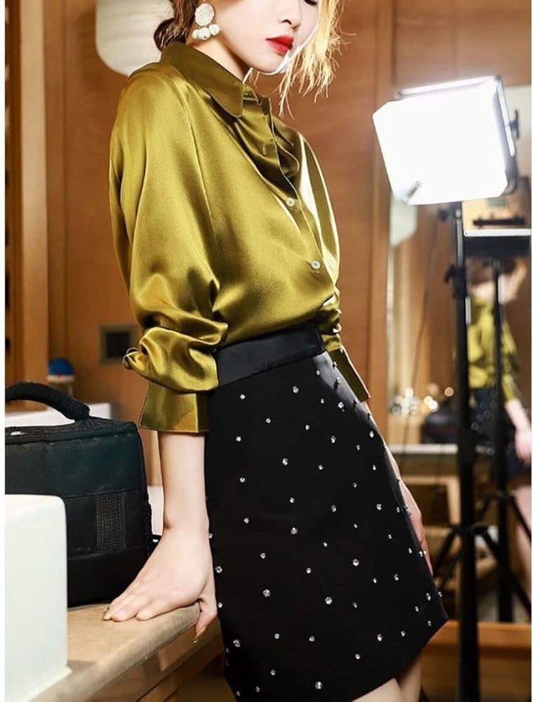 Amazon | wiDeoRnaTe 2022夏の女性ボタン付きシャツポロネックサテン