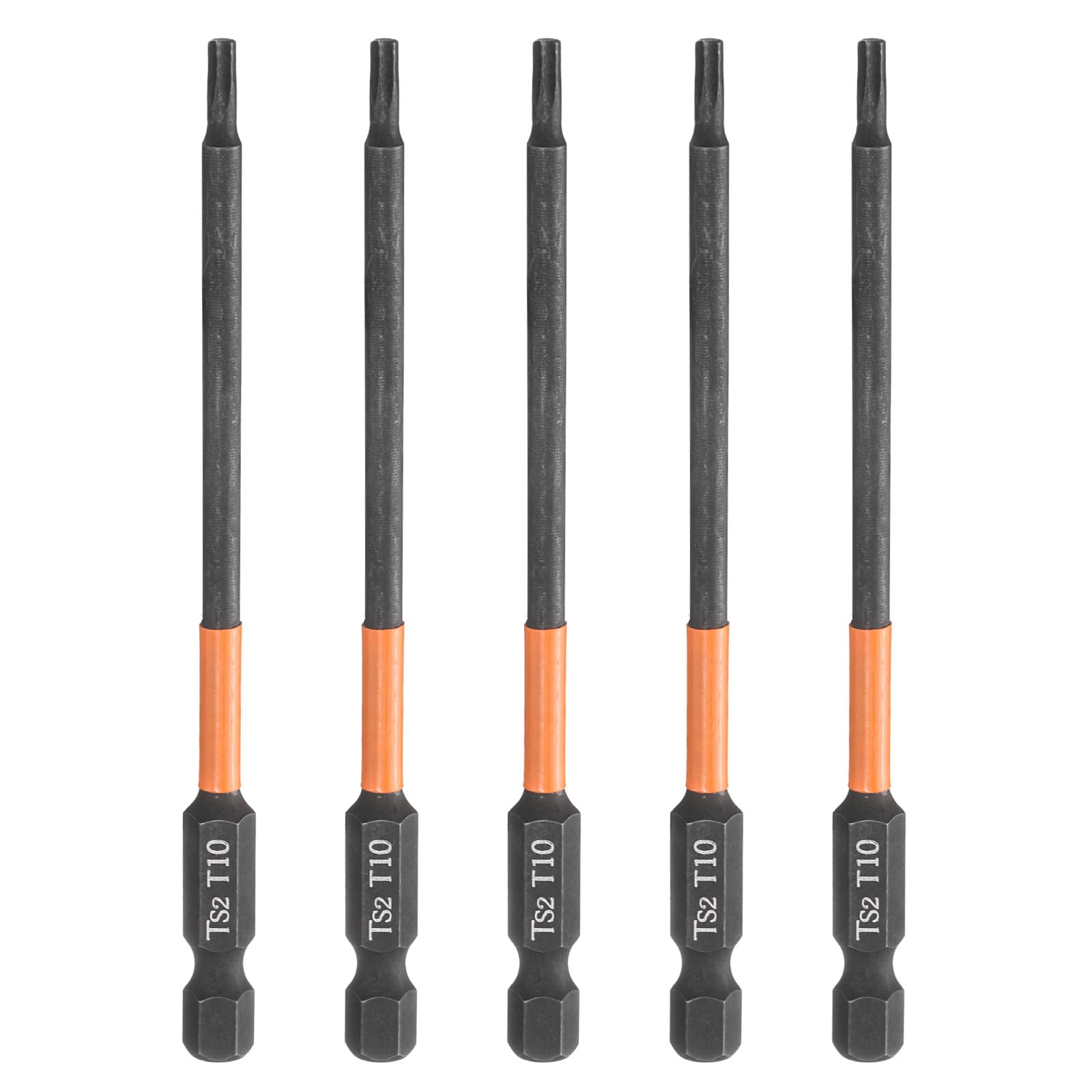 sourcing map 5pcs T10 Torx Head Screwdriver Bit 4" (100mm) Long 1/4" Hex Shank Magnetic No Hole Tamper Proof 6 Point Star Screw Driver Drill Bits Phosphate S2 Steel Industrial Power Tools
