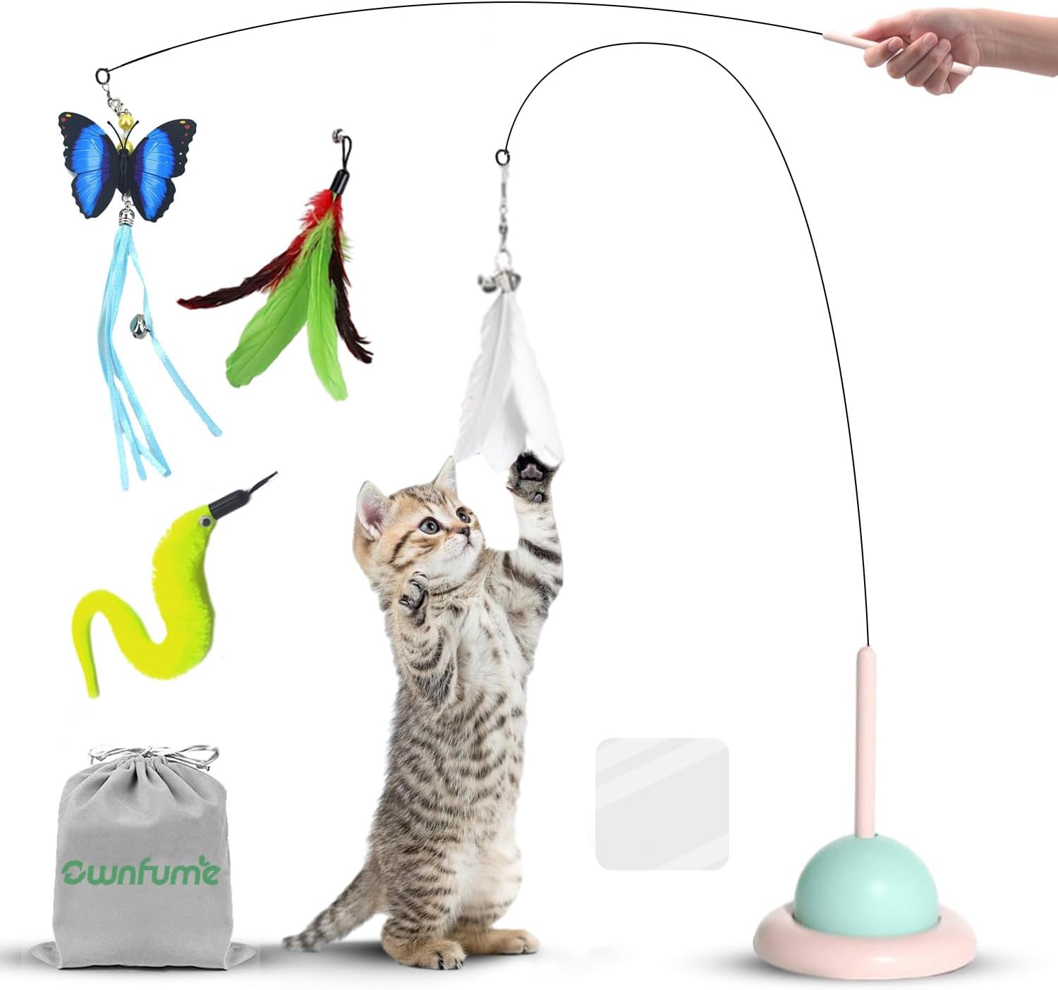 Interactive Cat Toys,Cat Wand Toy Feather with Powerful Suction Cup Detachable,4 PCS Feather Replacements with Bell,Interactive Kitten Sticks for Indoor Cats