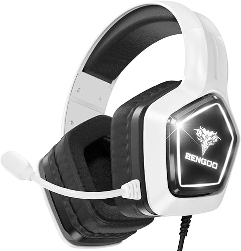 BENGOO G9700 - Auriculares para juegos para PS4, PS5, Xbox One, control de PC, cancelación de ruido con micrófono, luz LED blanca, sonido envolvente