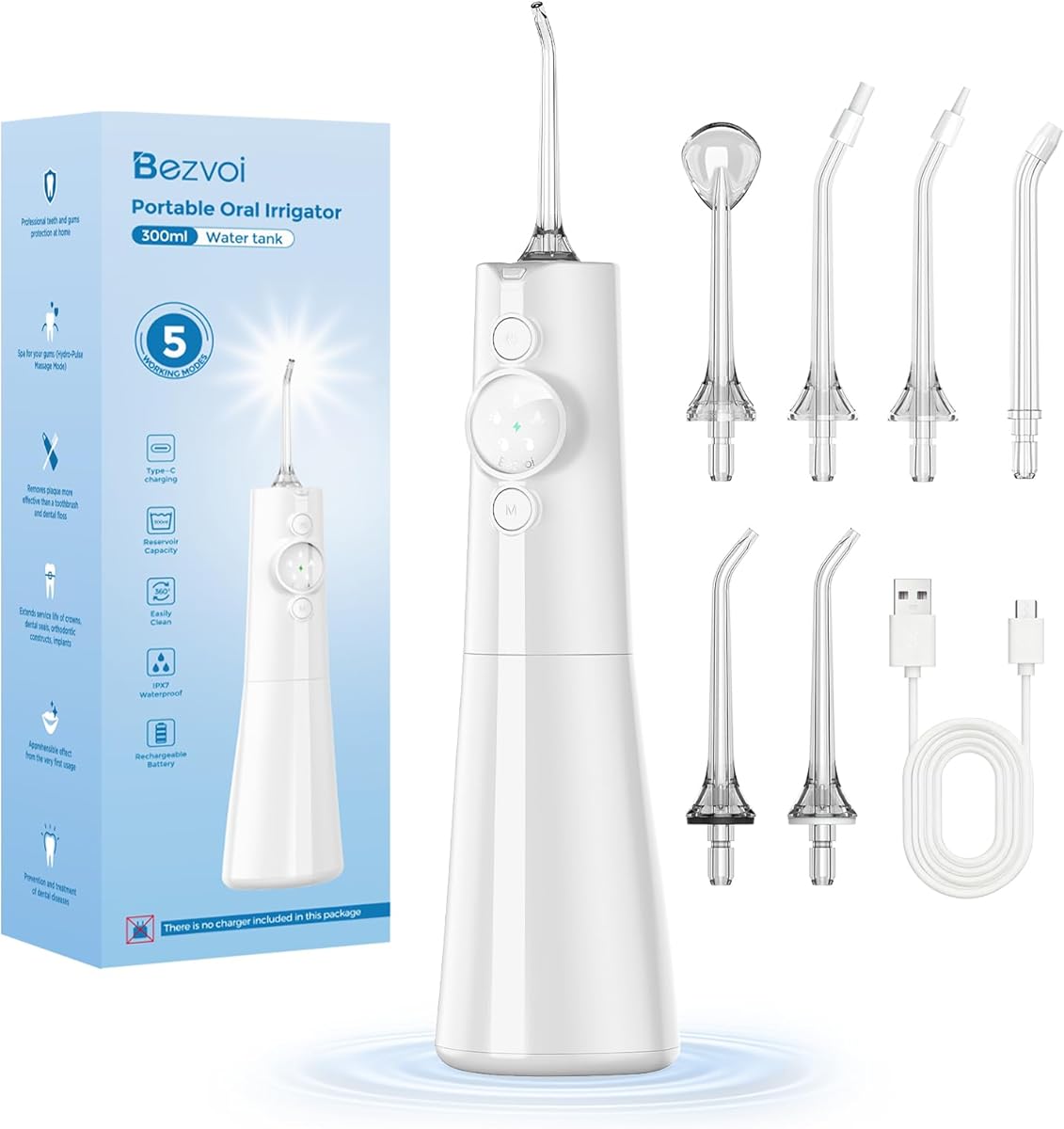 Bezvoi Water Flosser for Teeth Cordless: Professional Oral Irrigator LED Display 5 Modes, 300ML Water Tank, IPX7 Waterproof Electric Tooth Cleaner, Water Floss with 6 Jet Tips for Home Travel, White