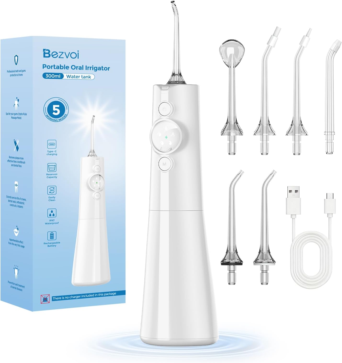Bezvoi Water Flosser for Teeth Cordless: Professional Oral Irrigator LED Display 5 Modes, 300ML Water Tank, IPX7 Waterproof Electric Tooth Cleaner, Water Floss with 6 Jet Tips for Home Travel, White