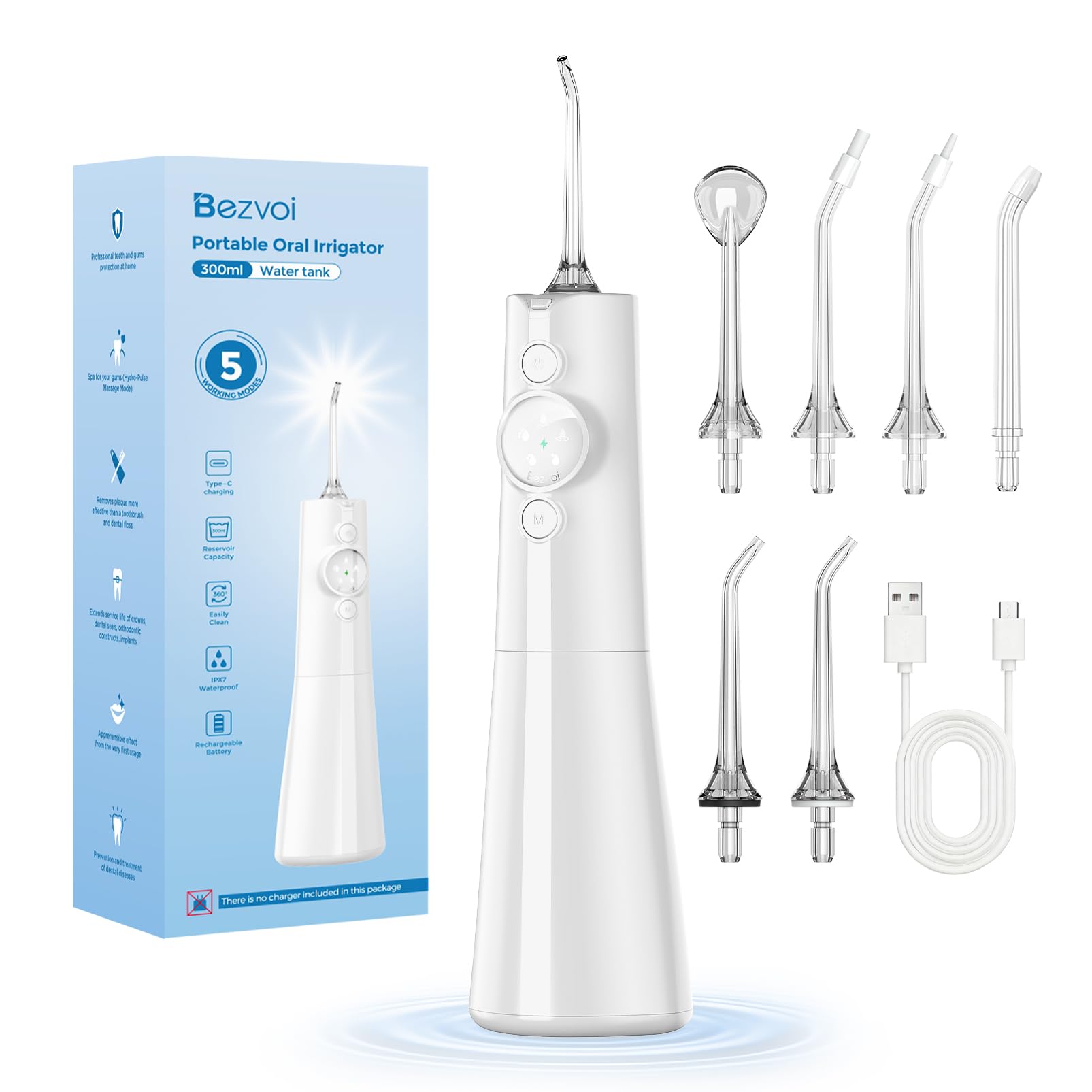 Water Flosser Teeth Pick: LED Display 5 Modes Cordless Dental Pick with 300ML Tank for Braces,Gums Care, IPX7 Waterpoof, 6 Jet Tips Water Flossing
