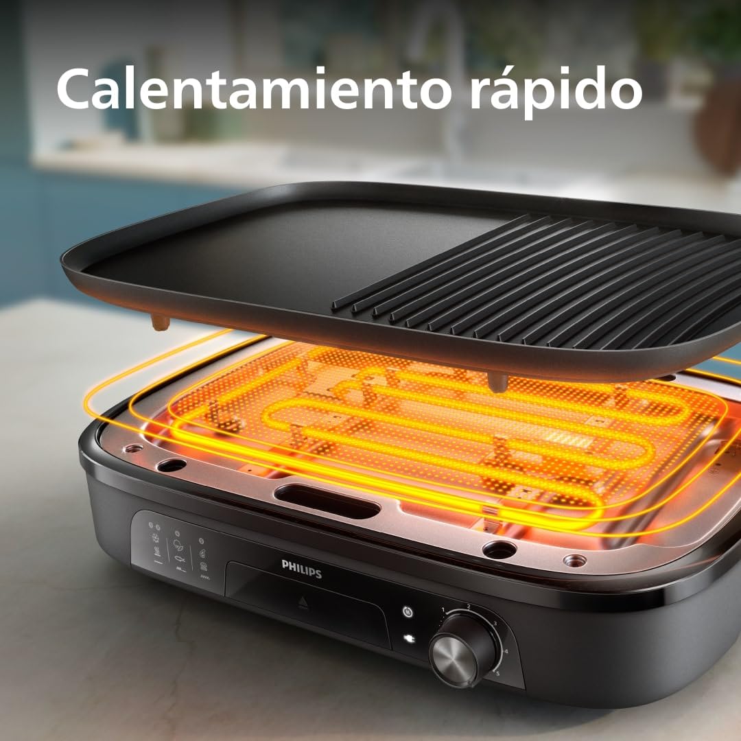 Philips Parrilla Grill Serie 3000 – Parrilla familiar grande, 2400 W de calentamiento rápido, temperatura ajustable, revestimiento antiadherente, fácil limpieza (HD6210/95)