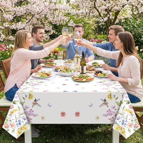 Image of NatNarr 3 Pack Wildflower Plastic Tablecloths, 54 X 108Inch Spring Tablecloth Disposable Tea Party Table Cloth, Butterfly Wildflower Porcelain Tables Decor for Tea Party Birthday Garden Wedding Party