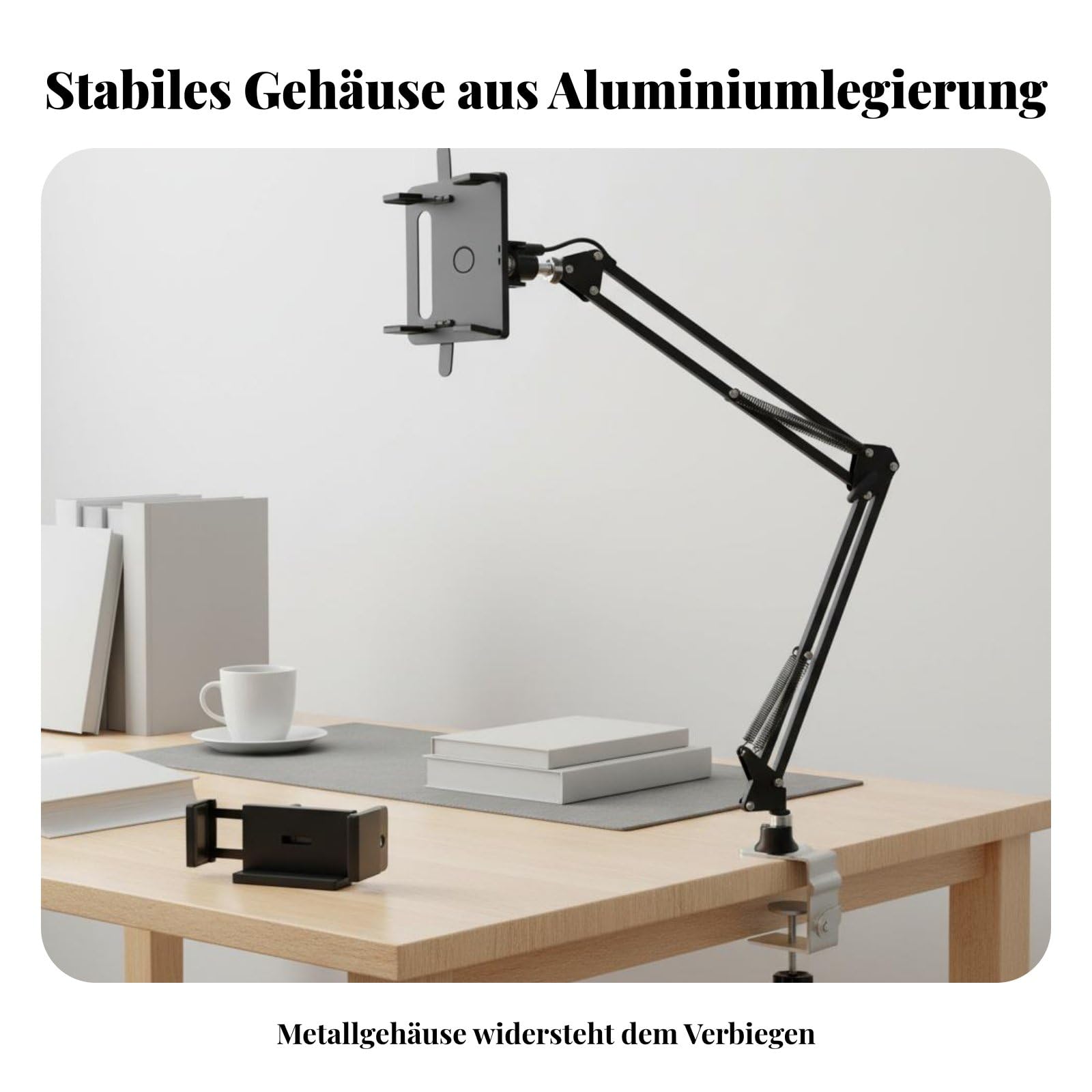 Faltarm Buchständer faltbar & kompakt Schwenkarm Buchhalter verstellbare Höhe & Winkel multifunktions-Tischständer für Leseratten, Kinder, Bett, Küche, Schwarz